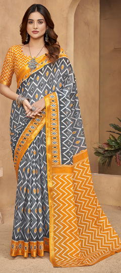 Black and Grey, Orange color Saree in Cotton fabric with Printed work