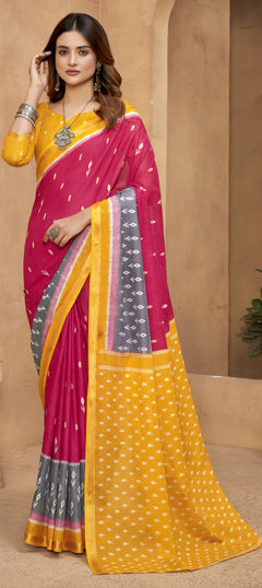 Pink and Majenta, Yellow color Saree in Cotton fabric with Printed work