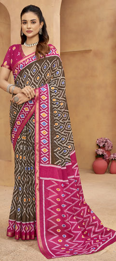 Beige and Brown color Saree in Cotton fabric with Printed work