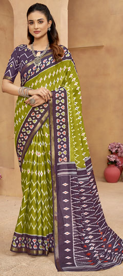 Green color Saree in Cotton fabric with Printed work