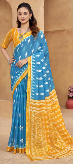 Blue color Saree in Cotton fabric with Printed work