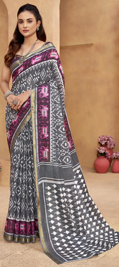 Black and Grey color Saree in Cotton fabric with Printed work