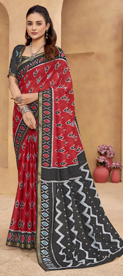 Red and Maroon color Saree in Cotton fabric with Printed work