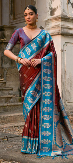 Blue, Red and Maroon color Saree in Banarasi Silk fabric with Weaving, Zari work