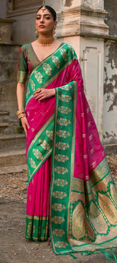 Green, Pink and Majenta color Saree in Banarasi Silk fabric with Weaving, Zari work