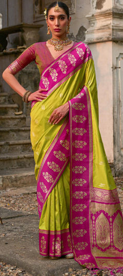 Green, Pink and Majenta color Saree in Banarasi Silk fabric with Weaving, Zari work