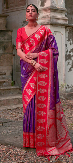 Purple and Violet, Red and Maroon color Saree in Banarasi Silk fabric with Weaving, Zari work