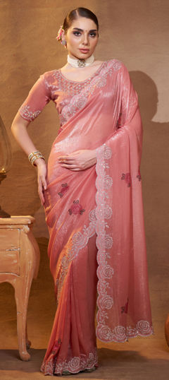 Pink and Majenta color Saree in Chiffon fabric with Stone, Thread work