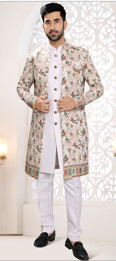 White and Off White color IndoWestern Dress in Silk fabric with Embroidered, Sequence, Thread work