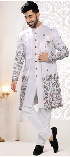 White and Off White color IndoWestern Dress in Silk fabric with Embroidered, Sequence, Thread work