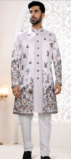 White and Off White color IndoWestern Dress in Silk fabric with Embroidered, Sequence, Thread work