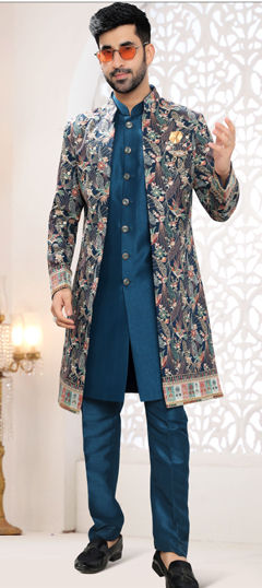 Blue color IndoWestern Dress in Silk fabric with Embroidered, Sequence, Thread work