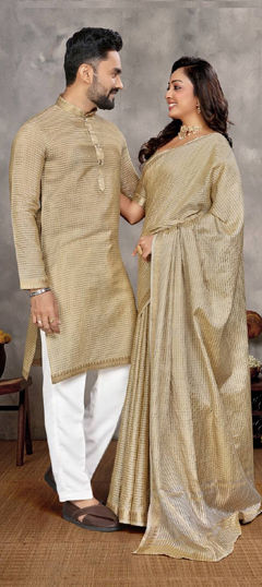 Beige and Brown color Kurta Pyjamas in Silk fabric with Printed work