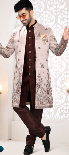 Beige and Brown color IndoWestern Dress in Silk fabric with Embroidered, Sequence, Thread work