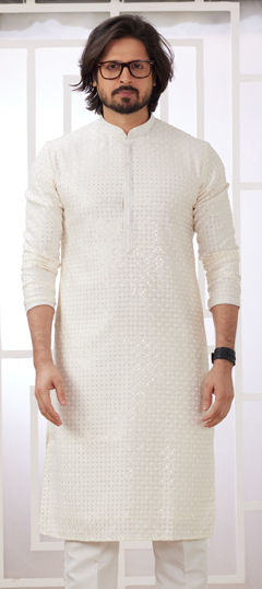 White and Off White color Kurta in Art Silk fabric with Embroidered, Thread work