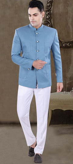 Blue color Jodhpuri Suit in Viscose fabric with Thread work