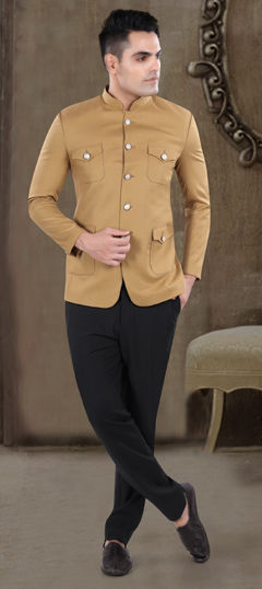 Beige and Brown color Jodhpuri Suit in Viscose fabric with Thread work