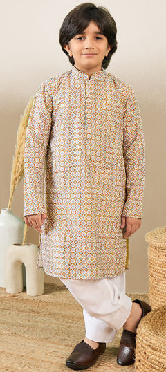 Multicolor color Boys Kurta Pyjama in Cotton fabric with Printed, Zari work