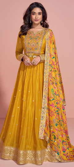 Yellow color Gown in Silk fabric with Bugle Beads, Embroidered, Sequence, Thread, Zari work