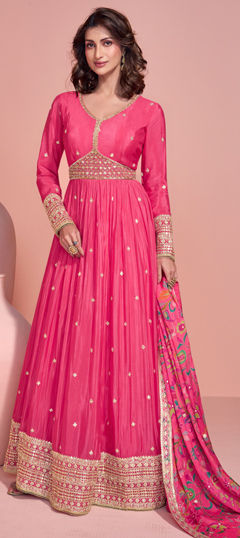 Pink and Majenta color Gown in Silk fabric with Bugle Beads, Embroidered, Sequence, Thread, Zari work