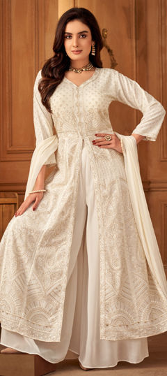 White and Off White color Salwar Kameez in Georgette fabric with Embroidered, Stone, Thread work