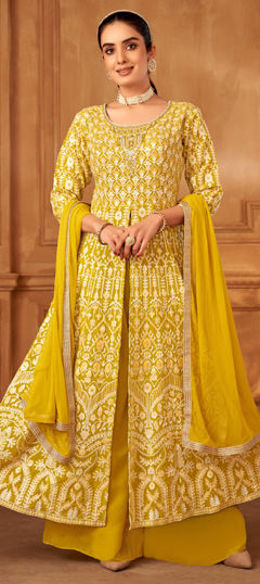 Yellow color Salwar Kameez in Georgette fabric with Embroidered, Resham, Stone, Thread work