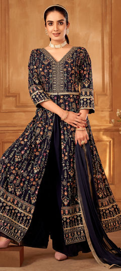 Black and Grey color Salwar Kameez in Georgette fabric with Embroidered, Sequence, Thread work