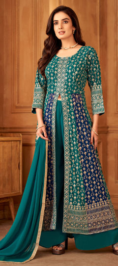 Blue color Salwar Kameez in Georgette fabric with Embroidered, Sequence, Thread work