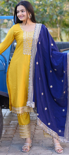 Yellow color Salwar Kameez in Silk fabric with Embroidered, Sequence, Thread work