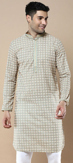 Beige and Brown color Kurta in Cotton fabric with Embroidered, Sequence, Thread work