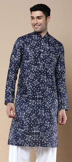 Blue color Kurta in Linen fabric with Printed work