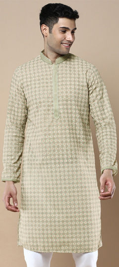 Green color Kurta in Cotton fabric with Embroidered, Sequence, Thread work
