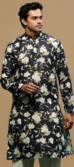 Black and Grey color Kurta in Linen fabric with Printed work