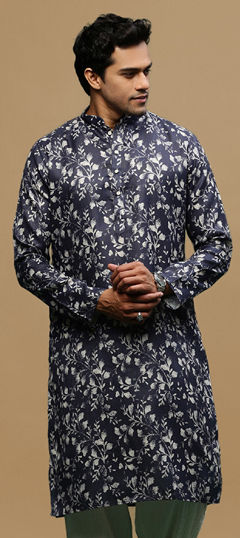 Blue color Kurta in Linen fabric with Printed work
