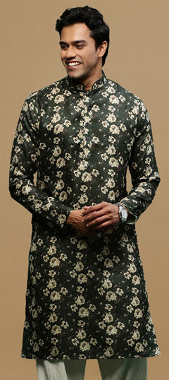 Green color Kurta in Linen fabric with Floral, Printed work