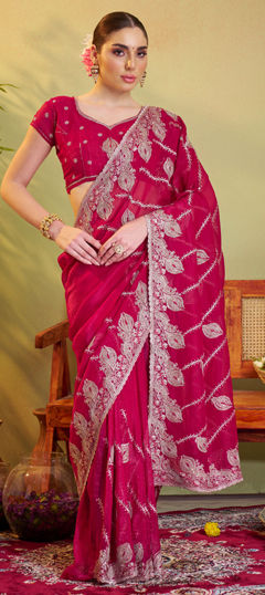 Red and Maroon color Saree in Chiffon fabric with Embroidered, Thread work