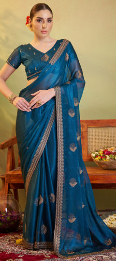 Blue color Saree in Chiffon fabric with Embroidered, Thread work