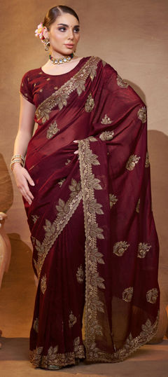 Beige and Brown color Saree in Chiffon fabric with Embroidered, Thread work