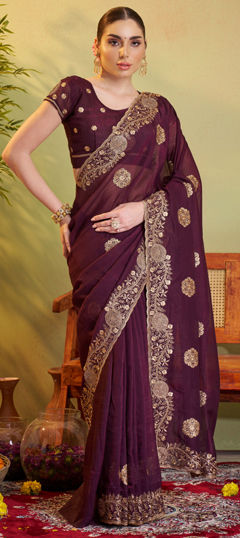 Purple and Violet color Saree in Chiffon fabric with Embroidered, Thread work