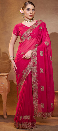 Pink and Majenta color Saree in Chiffon fabric with Embroidered, Thread work