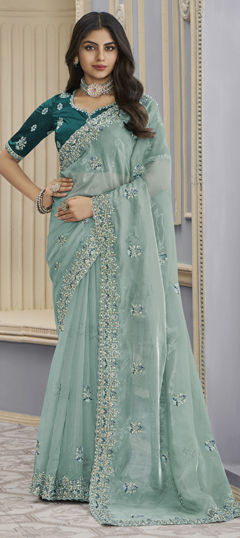 Green color Saree in Organza Silk fabric with Bugle Beads, Embroidered, Thread work