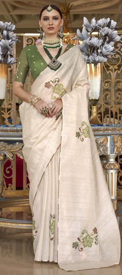 White and Off White color Saree in Tussar Silk fabric with Cut Dana, Sequence work