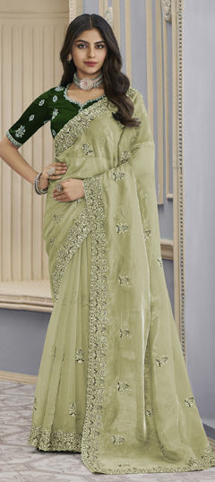 Green color Saree in Organza Silk fabric with Bugle Beads, Embroidered, Thread work