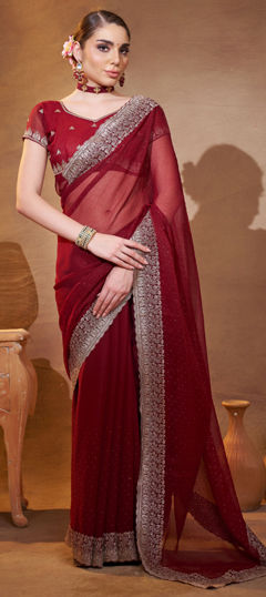 Red and Maroon color Saree in Chiffon, Shimmer fabric with Embroidered, Thread work