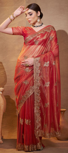 Red and Maroon color Saree in Organza Silk fabric with Embroidered, Thread work