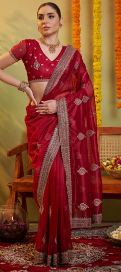 Red and Maroon color Saree in Organza Silk fabric with Embroidered, Thread work