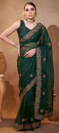 Green color Saree in Organza Silk fabric with Embroidered, Thread work