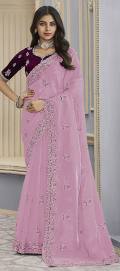 Pink and Majenta color Saree in Organza Silk fabric with Bugle Beads, Embroidered, Thread work