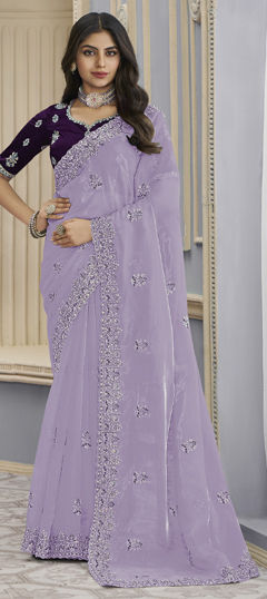 Purple and Violet color Saree in Organza Silk fabric with Bugle Beads, Embroidered, Thread work