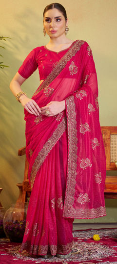 Pink and Majenta color Saree in Organza Silk fabric with Embroidered, Thread work